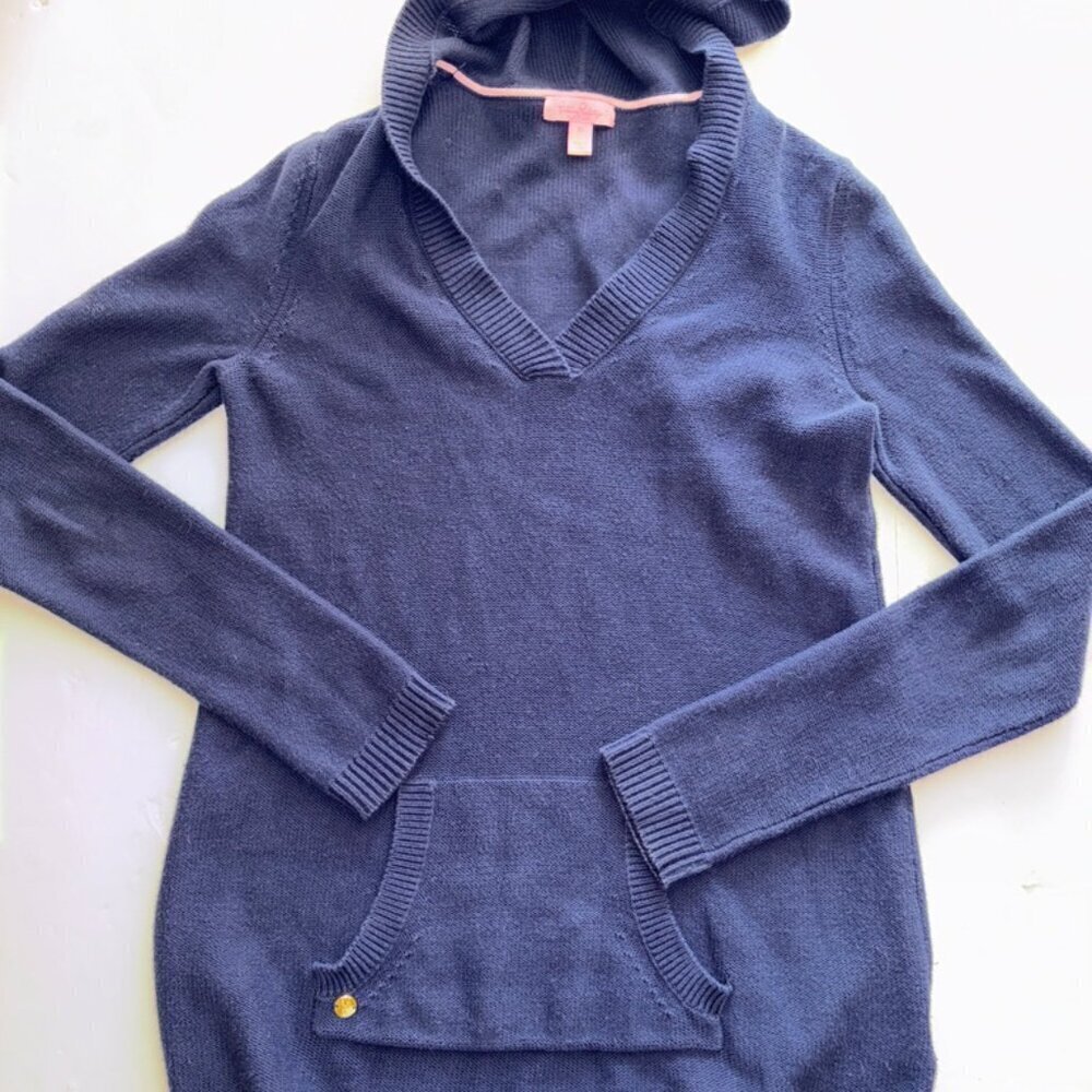 Lilly Pulitzer 76085 Seaside Knit Navy Sweater Hoodie XS Kangaroo Pocket
